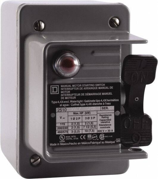 Square D - 3 Poles, 30 Amp, NEMA, Enclosed Toggle Manual Motor Starter - 1 hp at 90 VDC, 10 hp at 460 VAC, 10 hp at 575 VAC, 1-1/2 hp at 230 VDC, 2 hp at 115 VAC, 2 hp at 115 VDC & 7-1/2 hp at 230 VAC, CE, CSA, NEMA 4 & UL Listed - Apex Tool & Supply