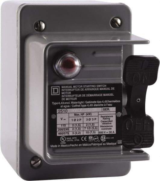 Square D - 2 Poles, 30 Amp, NEMA, Enclosed Toggle Manual Motor Starter - 1 hp at 90 VDC, 1-1/2 hp at 230 VDC, 2 hp at 115 VAC, 2 hp at 115 VDC, 2 hp at 230 VAC, 3 hp at 460 VAC & 3 hp at 575 VAC, CE, CSA, NEMA 4 & UL Listed - Apex Tool & Supply
