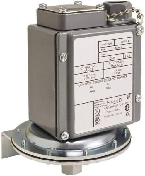 Square D - 4, 13 and 4X NEMA Rated, DPDT, 1 to 40 psi, Vacuum Switch Pressure and Level Switch - Adjustable Pressure, 120 VAC, 125 VDC, 240 VAC, 250 VDC, Screw Terminal - Apex Tool & Supply