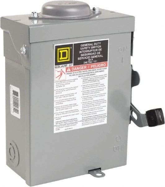 Square D - 30 Amp, 240 VAC, 2 Pole Nonfused Safety Switch - NEMA 3R, 1 & 3 Phase, 10 hp at 240 VAC (Single Phase), 15 hp at 240 VAC (Triple Phase) - Apex Tool & Supply
