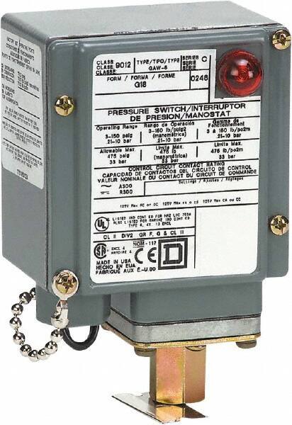 Square D - 4, 13 and 4X NEMA Rated, SPDT, 1.5 to 75 psi, Electromechanical Pressure and Level Switch - Fixed Pressure, 120 VAC at 6 Amp, 125 VDC at 0.22 Amp, 240 VAC at 3 Amp, 250 VDC at 0.27 Amp, 1/4 Inch Connector, Screw Terminal, For Use with 9012G - Apex Tool & Supply