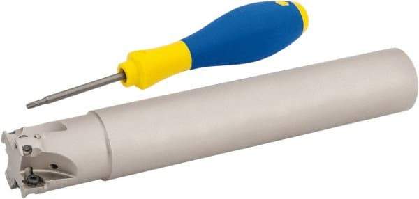 Iscar - 1-1/4" Cut Diam, 0.315" Max Depth of Cut, 1-1/4" Shank Diam, 7.87" OAL, Indexable Square Shoulder Helical End Mill - HM390 TPKT 1003 Inserts, Cylindrical Shank, 90° Lead Angle, Through Coolant, Series HeliIQMill - Apex Tool & Supply