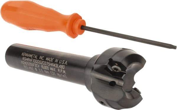 Kennametal - 1.518" Cut Diam, 0.064" Max Depth, 3/4" Shank Diam, Cylindrical Shank Indexable High-Feed End Mill - Screw Holding Method, HNGJ0604ANENLD Insert, KSHR Toolholder, Through Coolant - Apex Tool & Supply