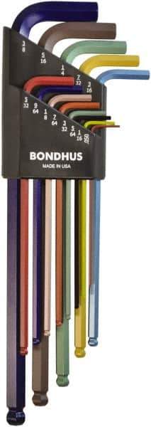 Bondhus - 13 Piece L-Key Ball End Hex Key Set - Hex Range 0.05 to 3/8", 7.8" OAL - Apex Tool & Supply
