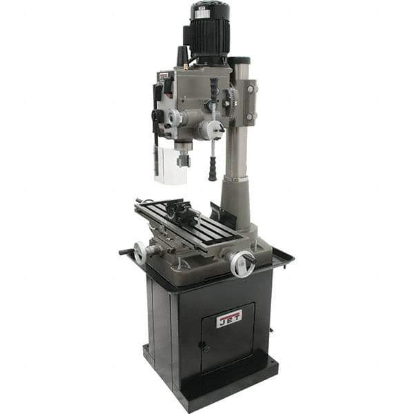 Jet - 1 Phase, 19-11/16" Swing, Geared Head Mill Drill Combination - 32-1/4" Table Length x 9-1/2" Table Width, 20-1/2" Longitudinal Travel, 8-1/4" Cross Travel, 6 Spindle Speeds, 1.5 hp, 115/230 Volts - Apex Tool & Supply