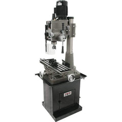 Jet - 1 Phase, 19-11/16" Swing, Geared Head Mill Drill Combination - 32-1/4" Table Length x 9-1/2" Table Width, 20-1/2" Longitudinal Travel, 8-1/4" Cross Travel, 6 Spindle Speeds, 1.5 hp, 115/230 Volts - Apex Tool & Supply
