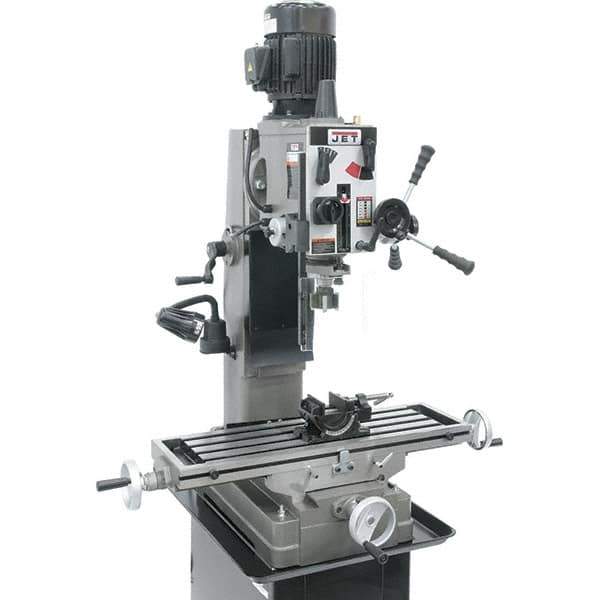 Jet - 1 Phase, 19-11/16" Swing, Geared Head Mill Drill Combination - 32-1/4" Table Length x 9-1/2" Table Width, 20-1/2" Longitudinal Travel, 8-1/4" Cross Travel, 6 Spindle Speeds, 1.5 hp, 115/230 Volts - Apex Tool & Supply