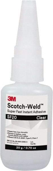 3M - 0.71 oz Bottle Clear Instant Adhesive - Series Part Number SF20, 3 to 30 sec Working Time, 24 hr Full Cure Time - Apex Tool & Supply