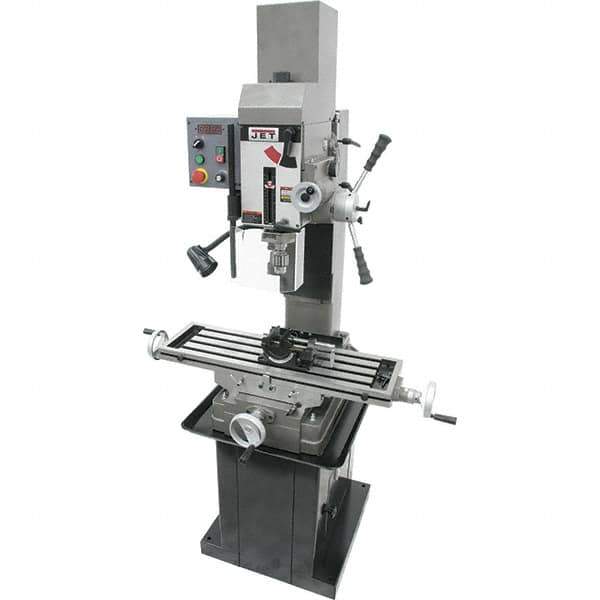 Jet - 3 Phase, 19-11/16" Swing, Geared Head Mill Drill Combination - 32-1/4" Table Length x 9-1/2" Table Width, 20-1/2" Longitudinal Travel, 8-1/4" Cross Travel, Variable Spindle Speeds, 1.5 hp, 230 Volts - Apex Tool & Supply