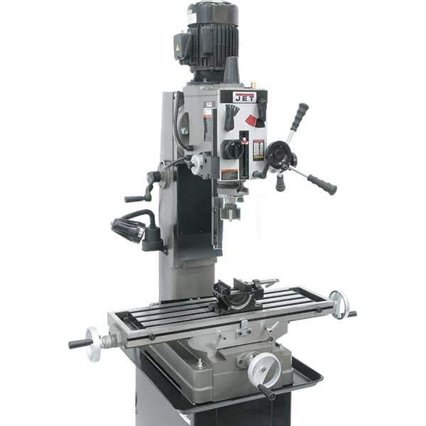 Jet - 3 Phase, 19-11/16" Swing, Geared Head Mill Drill Combination - 32-1/4" Table Length x 9-1/2" Table Width, 20-1/2" Longitudinal Travel, 8-1/4" Cross Travel, Variable Spindle Speeds, 1.5 hp, 230 Volts - Apex Tool & Supply