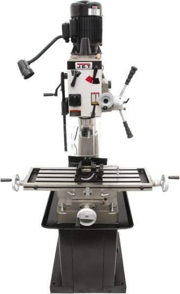 Jet - 1 Phase, 20-1/2" Swing, Geared Head Mill Drill Combination - 32-1/4" Table Length x 9-1/2" Table Width, 20-1/2" Longitudinal Travel, 8-1/4" Cross Travel, 6 Spindle Speeds, 1.5 hp, 115/230 Volts - Apex Tool & Supply