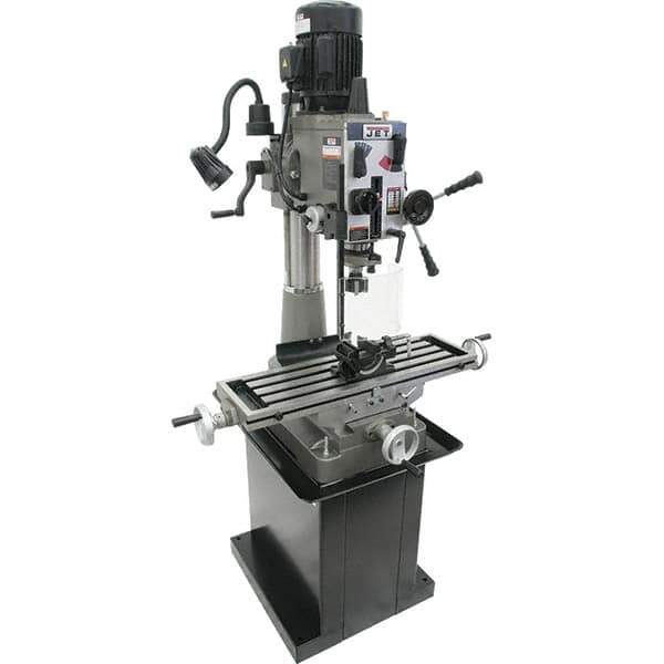 Jet - 1 Phase, 20-1/2" Swing, Geared Head Mill Drill Combination - 32-1/4" Table Length x 9-1/2" Table Width, 20-1/2" Longitudinal Travel, 8-1/4" Cross Travel, 6 Spindle Speeds, 1.5 hp, 115/230 Volts - Apex Tool & Supply