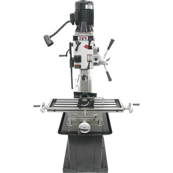 Jet - 1 Phase, 20-1/2" Swing, Geared Head Mill Drill Combination - 32-1/4" Table Length x 9-1/2" Table Width, 20-1/2" Longitudinal Travel, 8-1/4" Cross Travel, 6 Spindle Speeds, 1.5 hp, 115/230 Volts - Apex Tool & Supply