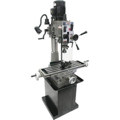 Jet - 1 Phase, 20-1/2" Swing, Geared Head Mill Drill Combination - 32-1/4" Table Length x 9-1/2" Table Width, 20-1/2" Longitudinal Travel, 8-1/4" Cross Travel, 6 Spindle Speeds, 1.5 hp, 115/230 Volts - Apex Tool & Supply
