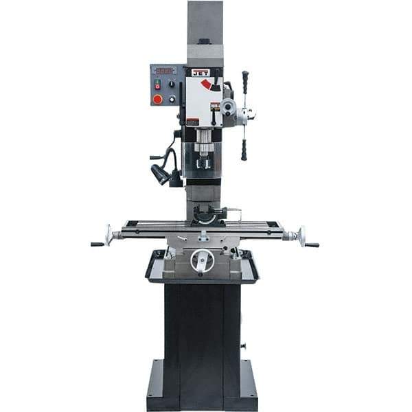 Jet - 1 Phase, 19-11/16" Swing, Geared Head Mill Drill Combination - 32-1/4" Table Length x 9-1/2" Table Width, 20-1/2" Longitudinal Travel, 8-1/4" Cross Travel, Variable Spindle Speeds, 1.5 hp, 115/230 Volts - Apex Tool & Supply