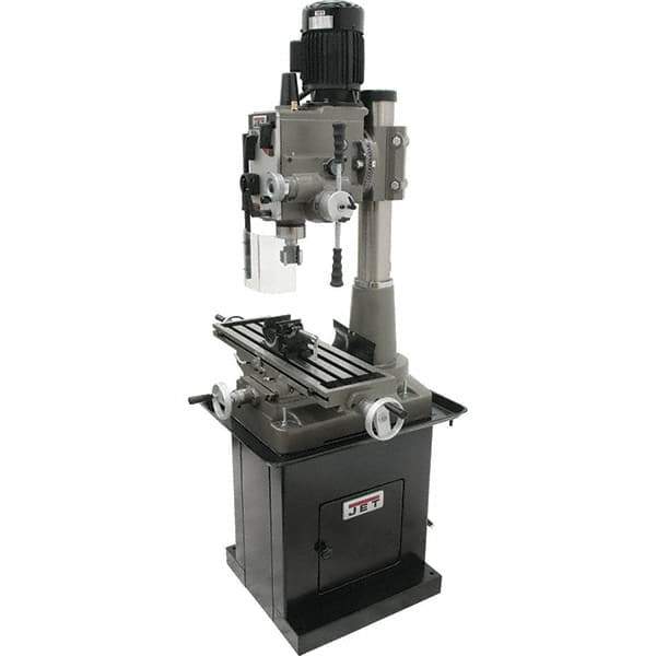 Jet - 1 Phase, 19-11/16" Swing, Geared Head Mill Drill Combination - 32-1/4" Table Length x 9-1/2" Table Width, 20-1/2" Longitudinal Travel, 8-1/4" Cross Travel, 6 Spindle Speeds, 1.5 hp, 115/230 Volts - Apex Tool & Supply