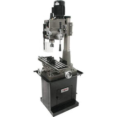 Jet - 1 Phase, 19-11/16" Swing, Geared Head Mill Drill Combination - 32-1/4" Table Length x 9-1/2" Table Width, 20-1/2" Longitudinal Travel, 8-1/4" Cross Travel, 6 Spindle Speeds, 1.5 hp, 115/230 Volts - Apex Tool & Supply