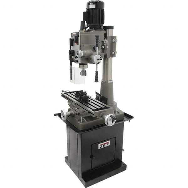 Jet - 1 Phase, 19-11/16" Swing, Geared Head Mill Drill Combination - 32-1/4" Table Length x 9-1/2" Table Width, 20-1/2" Longitudinal Travel, 8-1/4" Cross Travel, 6 Spindle Speeds, 1.5 hp, 115/230 Volts - Apex Tool & Supply