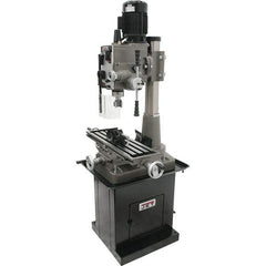 Jet - 1 Phase, 19-11/16" Swing, Geared Head Mill Drill Combination - 32-1/4" Table Length x 9-1/2" Table Width, 20-1/2" Longitudinal Travel, 8-1/4" Cross Travel, 6 Spindle Speeds, 1.5 hp, 115/230 Volts - Apex Tool & Supply