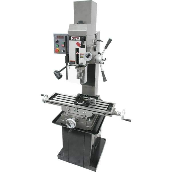 Jet - 3 Phase, 19-11/16" Swing, Geared Head Mill Drill Combination - 32-1/4" Table Length x 9-1/2" Table Width, 20-1/2" Longitudinal Travel, 8-1/4" Cross Travel, Variable Spindle Speeds, 1.5 hp, 230 Volts - Apex Tool & Supply