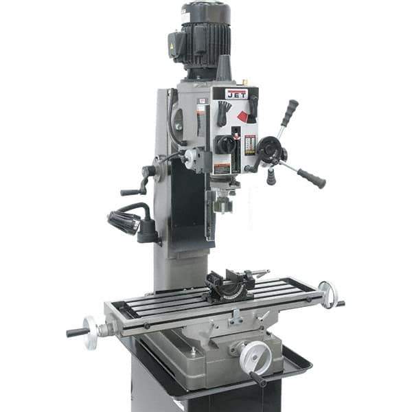 Jet - 1 Phase, 19-11/16" Swing, Geared Head Mill Drill Combination - 32-1/4" Table Length x 9-1/2" Table Width, 20-1/2" Longitudinal Travel, 8-1/4" Cross Travel, 6 Spindle Speeds, 1.5 hp, 115/230 Volts - Apex Tool & Supply