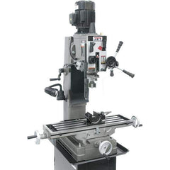 Jet - 1 Phase, 19-11/16" Swing, Geared Head Mill Drill Combination - 32-1/4" Table Length x 9-1/2" Table Width, 20-1/2" Longitudinal Travel, 8-1/4" Cross Travel, 6 Spindle Speeds, 1.5 hp, 115/230 Volts - Apex Tool & Supply