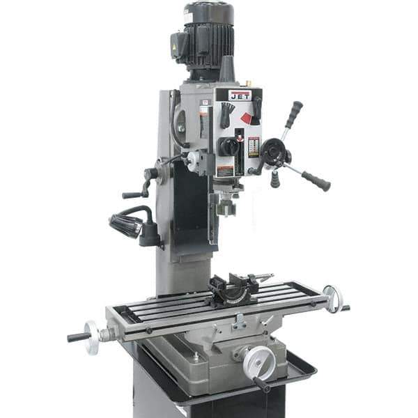 Jet - 1 Phase, 19-11/16" Swing, Geared Head Mill Drill Combination - 32-1/4" Table Length x 9-1/2" Table Width, 20-1/2" Longitudinal Travel, 8-1/4" Cross Travel, 6 Spindle Speeds, 1.5 hp, 115/230 Volts - Apex Tool & Supply