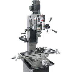 Jet - 1 Phase, 19-11/16" Swing, Geared Head Mill Drill Combination - 32-1/4" Table Length x 9-1/2" Table Width, 20-1/2" Longitudinal Travel, 8-1/4" Cross Travel, 6 Spindle Speeds, 1.5 hp, 115/230 Volts - Apex Tool & Supply