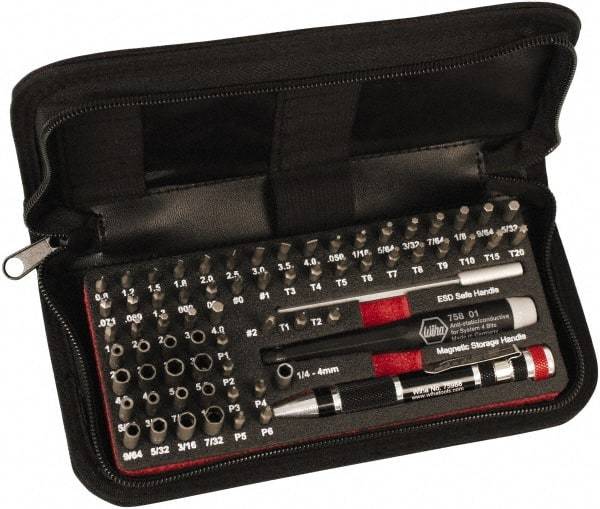 Wiha - 68 Piece, 4mm Drive Screwdriver Micro Bit Set - #000 to #2 Phillips, 0.7 to 4mm Hex, T1 to T20 Torx, 0.8, 1.2, 1.5, 1.8, 2, 2.5, 3, 3.5 & 4mm Slotted - Apex Tool & Supply
