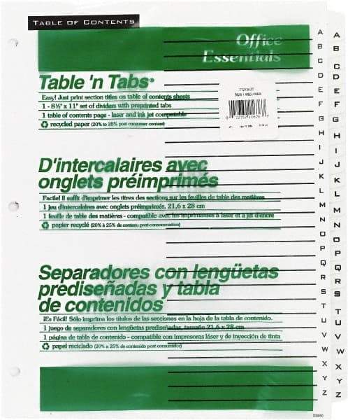 Office Essentials - 11 x 8 1/2" A to Z Label, 26 Tabs, 3-Hole Punched, Preprinted Divider - White - Apex Tool & Supply