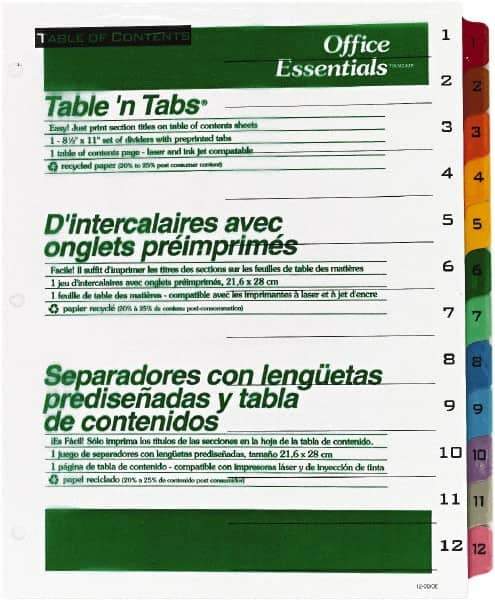 Office Essentials - 11 x 8 1/2" 1 to 12" Label, 12 Tabs, 3-Hole Punched, Preprinted Divider - Multicolor Tabs, White Folder - Apex Tool & Supply