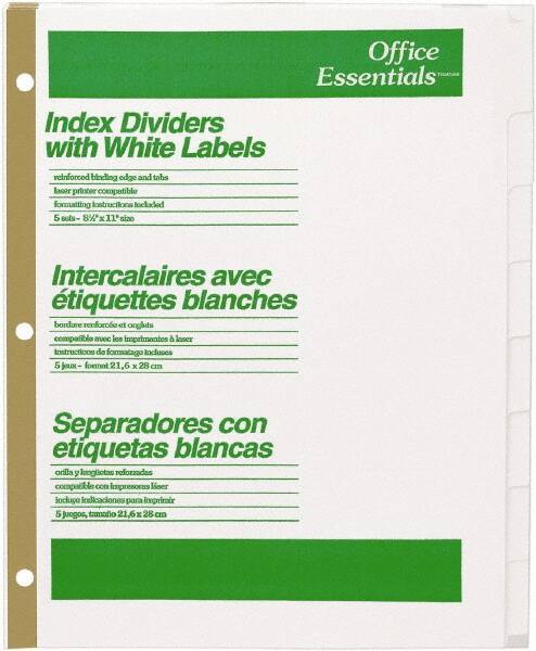 Office Essentials - 11 x 8 1/2" 1 to 8" Label, 8 Tabs, 3-Hole Punched, Customizable Divider - White - Apex Tool & Supply