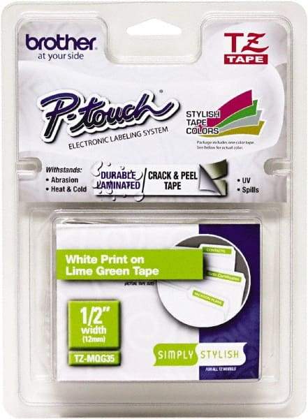 Brother - 1/2" Wide, Lime Green Tape Cassette - For Label Maker - Apex Tool & Supply