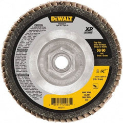 DeWALT - 60 Grit, 4-1/2" Disc Diam, 5/8-11 Center Hole, Type 29 Ceramic Flap Disc - 8,700 Max RPM, Poly Cotton Backing, Arbor Attaching System, Coated - Apex Tool & Supply
