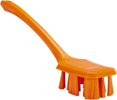 Vikan - 2-3/4" Bristle Length, Polyester Scrub Brush - 12" Long x 2-7/8" Wide Head, 15-1/2" OAL, Long Handle, Orange, Polypropylene Block - Apex Tool & Supply
