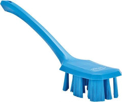 Vikan - 2-3/4" Bristle Length, Polyester Scrub Brush - 12" Long x 2-7/8" Wide Head, 15-1/2" OAL, Long Handle, Blue, Polypropylene Block - Apex Tool & Supply