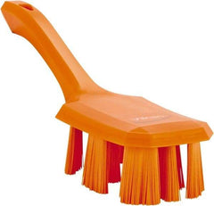 Vikan - 2-3/4" Bristle Length, Polyester Scrub Brush - 8" Long x 2-7/8" Wide Head, 10" OAL, Short Handle, Orange, Polypropylene Block - Apex Tool & Supply