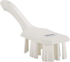 Vikan - 2-3/4" Bristle Length, Polyester Scrub Brush - 8" Long x 2-7/8" Wide Head, 10" OAL, Short Handle, White, Polypropylene Block - Apex Tool & Supply