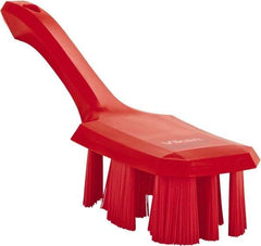 Vikan - 2-3/4" Bristle Length, Polyester Scrub Brush - 8" Long x 2-7/8" Wide Head, 10" OAL, Short Handle, Red, Polypropylene Block - Apex Tool & Supply