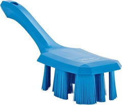 Vikan - 2-3/4" Bristle Length, Polyester Scrub Brush - 8" Long x 2-7/8" Wide Head, 10" OAL, Short Handle, Blue, Polypropylene Block - Apex Tool & Supply