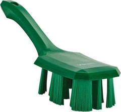 Vikan - 2-3/4" Bristle Length, Polyester Scrub Brush - 8" Long x 2-7/8" Wide Head, 10" OAL, Short Handle, Green, Polypropylene Block - Apex Tool & Supply