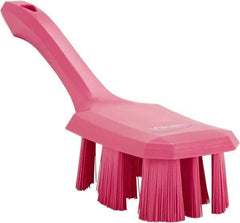 Vikan - 2-3/4" Bristle Length, Polyester Scrub Brush - 8" Long x 2-7/8" Wide Head, 10" OAL, Short Handle, Pink, Polypropylene Block - Apex Tool & Supply
