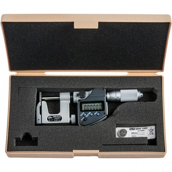 Mitutoyo - 0 to 1" Range, 0.00005" Resolution, Interchangeable Anvil Type Throat IP65 Electronic Outside Micrometer - 0.0002" Accuracy, Friction Thimble, Carbide-Tipped Face, SR44 Battery - Apex Tool & Supply