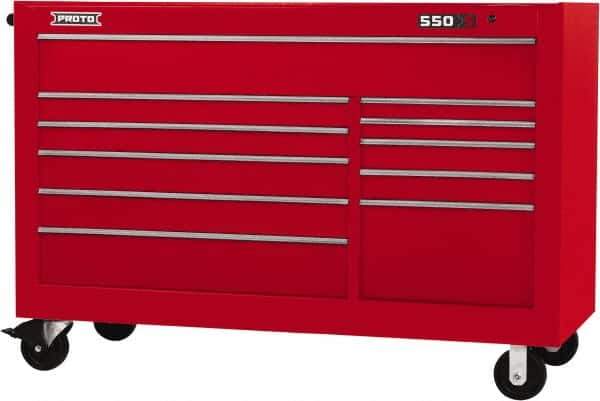Proto - 35,917 Lb Capacity, 11 Drawer Mobile Workstation - 66" Wide x 27" Deep x 46" High, Steel, Red - Apex Tool & Supply