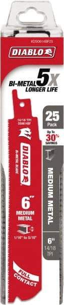 Freud - 6" Long x 1" Thick, Bi-Metal Reciprocating Saw Blade - Straight Profile, 14 to 18 TPI, Toothed Edge, Tang Shank - Apex Tool & Supply