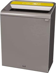 Rubbermaid - 45 Gal Gray Rectangle Decorative Indoor Single Stream Waste Receptacle - Metal, Cans Graphic, 37.965" High x 29.132" Long x 19-1/2" Wide, Lid Included - Apex Tool & Supply