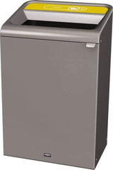 Rubbermaid - 33 Gal Gray Rectangle Decorative Indoor Single Stream Waste Receptacle - Metal, Cans Graphic, 37.965" High x 24.051" Long x 19-1/2" Wide, Lid Included - Apex Tool & Supply