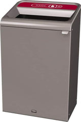 Rubbermaid - 33 Gal Gray Rectangle Decorative Indoor Single Stream Waste Receptacle - Metal, Plastic Graphic, 37.965" High x 24.051" Long x 19-1/2" Wide, Lid Included - Apex Tool & Supply