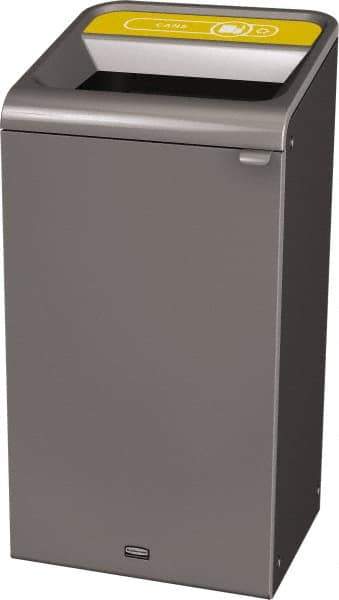 Rubbermaid - 23 Gal Gray Rectangle Decorative Indoor Single Stream Waste Receptacle - Metal, Cans Graphic, 37.965" High x 19.588" Long x 19-1/2" Wide, Lid Included - Apex Tool & Supply