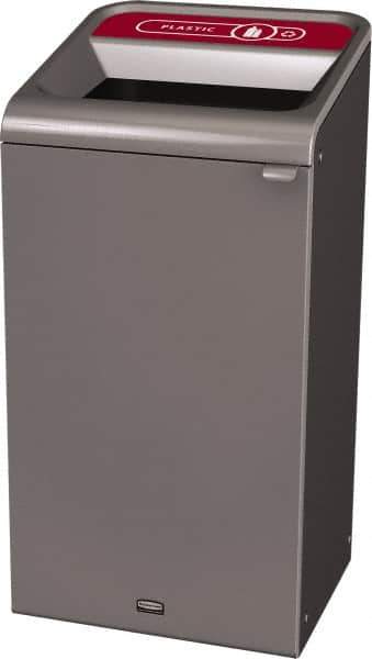 Rubbermaid - 23 Gal Gray Rectangle Decorative Indoor Single Stream Waste Receptacle - Metal, Plastic Graphic, 37.965" High x 19.588" Long x 19-1/2" Wide, Lid Included - Apex Tool & Supply
